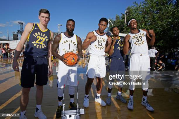 Leaf, Lance Stephenson, Ike Anigbogu, Glenn Robinson III and Myles Turner of theIndiana Pacers participate in an outdoor fanfest on July 28, 2017 in...