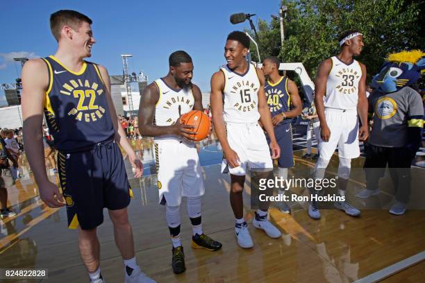 Leaf, Lance Stephenson, Ike Anigbogu, Glenn Robinson III and Myles Turner of theIndiana Pacers participate in an outdoor fanfest on July 28, 2017 in...