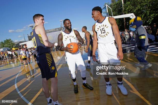 Leaf, Lance Stephenson and Ike Anigbogu of theIndiana Pacers participate in an outdoor fanfest on July 28, 2017 in Indianapolis, Indiana. NOTE TO...