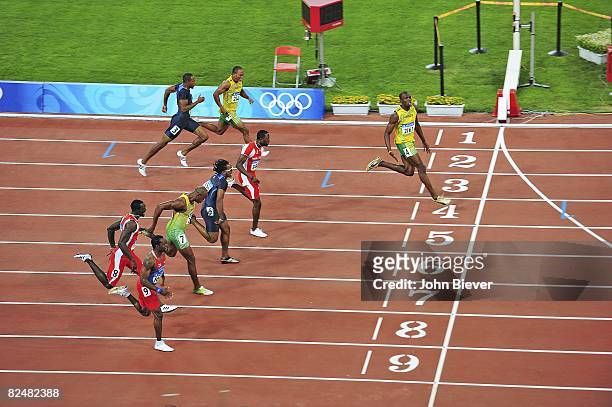 Summer Olympics: Aerial view of Jamaica Usain Bolt in action, winning Men's 100M Final gold medal with world record time of 9.69 vs Trinidad & Tobago...