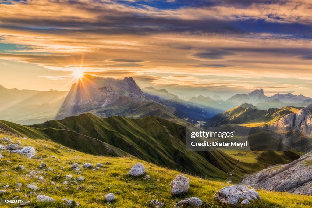 Sunrise at Sassolungo or Langkofel Mountain Group, Dolomites, Trentino, Alto Adige