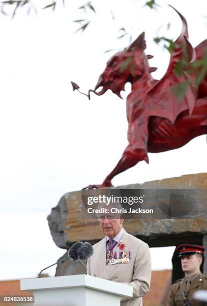 Prince Charles, Prince of Wales gives a reading as he attends the Welsh National Service of Remembrance at the Welsh National Memorial Park to mark...