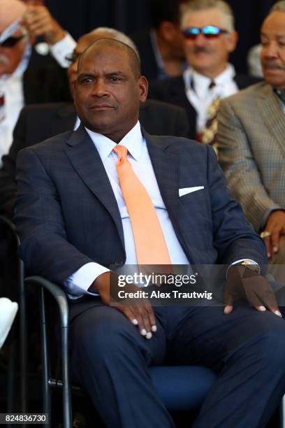 Inductee Tim Raines looks on during the 2017 Hall of Fame Awards Presentation on Doubleday Field at the National Baseball Hall of Fame on Saturday...