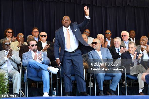 Inductee Tim Raines acknowledges the crowd during the 2017 Hall of Fame Awards Presentation on Doubleday Field at the National Baseball Hall of Fame...