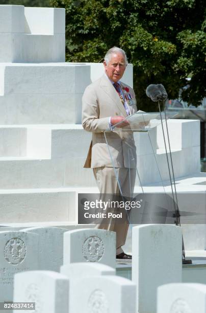 Prince Charles, Prince of Wales speaks during a ceremony at the Commonwealth War Graves Commisions's Tyne Cot Cemetery on July 31, 2017 in Ypres,...