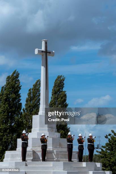 Fly past by at the Tyne Cot Cemetery at the Commonwealth War Graves Commisions's Tyne Cot Cemetery on July 31, 2017 in Ypres, Belgium. The...