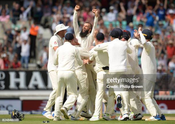 Moeen Ali of England celebrates his hat trick after dismissing Morne Morkel as England won the 3rd Investec Test match between England and South...