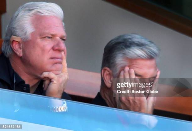 Frank Wren, Red Sox senior vice president of baseball operations and Dave Dombrowski, Red Sox president of baseball operations are pictured as they...