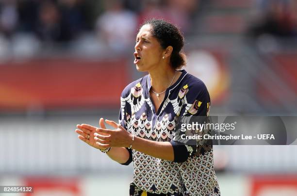 Steffi Jones, head coach of Germany shouts orders to her players during the UEFA Women's Euro 2017 Quarter Final match between Germany and Denmark at...