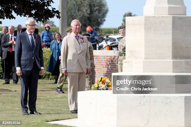 Prince Charles, Prince of Wales during a visit to Artillery Wood Cemetery, which includes the graves of poets Hedd Wyn, Francis Ledwidge and where...