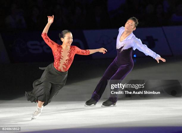 Mao Asada and Daisuke Takahashi perform during the figure skating show 'The Ice' at Osaka City Central Gymnasium on July 29, 2017 in Osaka, Japan.