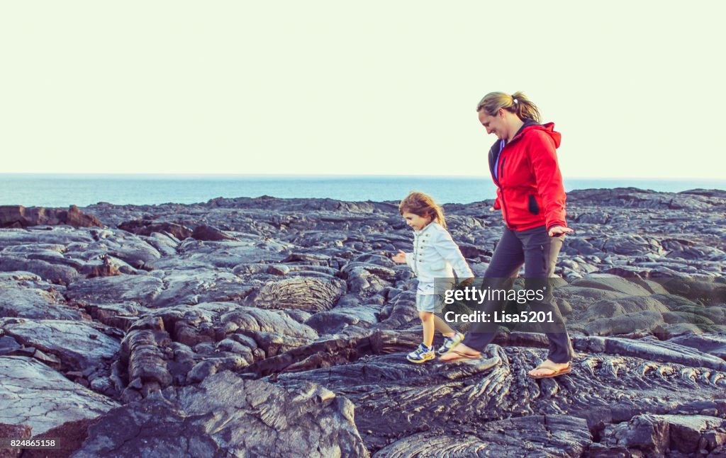Child and mom explore Volcano Field, Volcano national park
