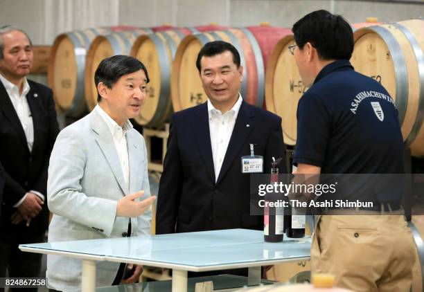 Crown Prince Naruhito visits the Asahimachi Winery on July 29, 2017 in Asahi, Yamagata, Japan.
