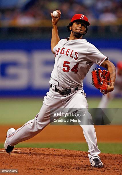 Starting pitcher Ervin Santana of the Los Angeles Angels pitches against the Tampa Bay Rays during the game on August 19, 2008 at Tropicana Field in...