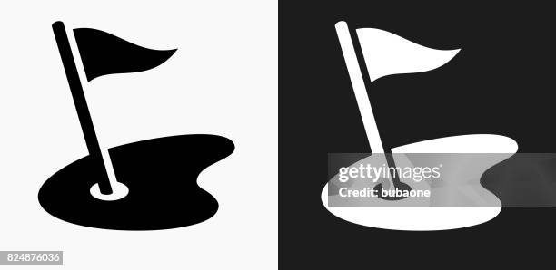 golf field icon on black and white vector backgrounds - golf icon stock illustrations