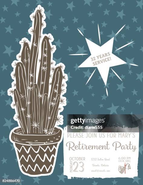 cute hand drawn cactus retirement party invitation template - retirement invitation stock illustrations