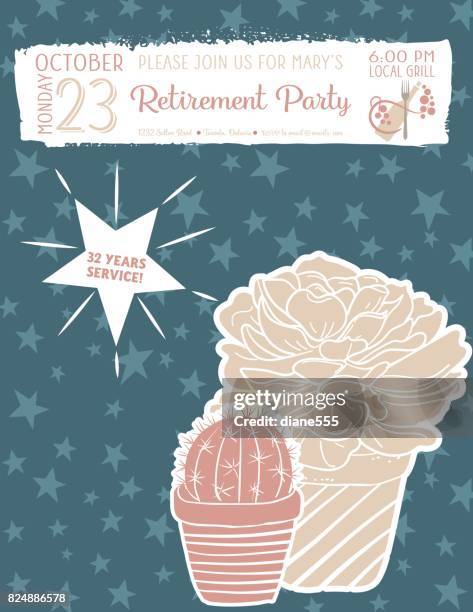 cute hand drawn cactus retirement party invitation template - retirement celebration background stock illustrations
