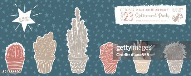 cute hand drawn cactus retirement party invitation template - retirement invitation stock illustrations