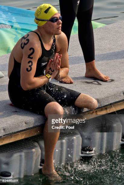 Natalie Du Toit of South Africa prepares to compete in the Women's Marathon 10km swimming event at the Shunyi Olympic Rowing-Canoeing Park during Day...