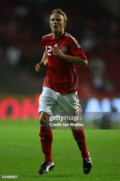 Christopher Poulsen of Denmark plays during the International Friendly match between Denmark and Spain on August 20, 2008 at the Parken Stadium in...