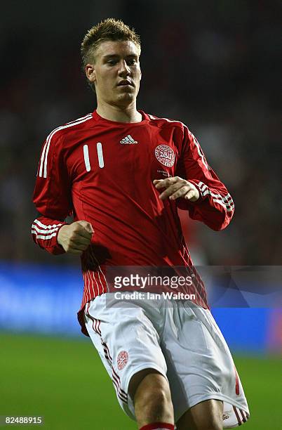 Nicklas Bendtner of Denmark plays during the International Friendly match between Denmark and Spain on August 20, 2008 at the Parken Stadium in...
