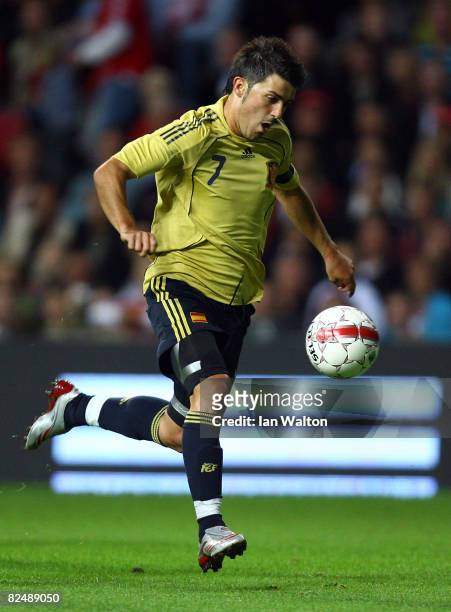 David Villa Sanchez of Spain plays during the International Friendly match between Denmark and Spain on August 20, 2008 at the Parken Stadium in...
