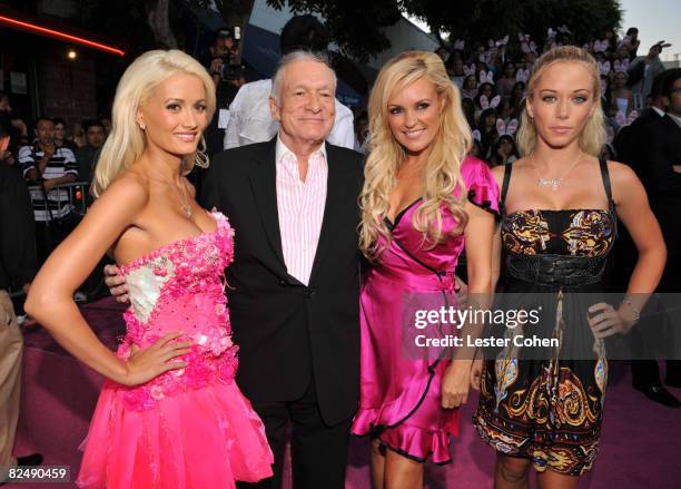 Personalities Holly Madison, Hugh Hefner, Bridget Marquardt and Kendra Wilkinson arrive on the red carpet of Sony Pictures' premiere of "House Bunny"...