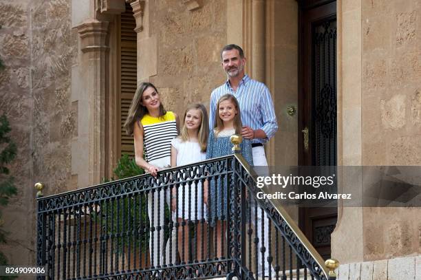 King Felipe VI of Spain, Queen Letizia of Spain, Princess Leonor of Spain and Princess Sofia of Spain poses for the photographers during the summer...