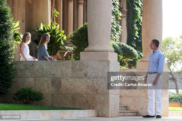 King Felipe VI of Spain Princess Leonor of Spain and Princess Sofia of Spain poses for the photographers during the summer photocall at the Marivent...