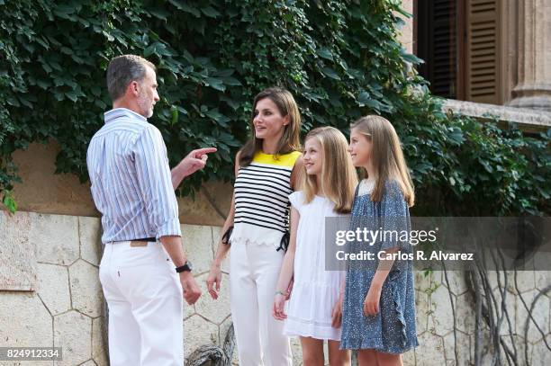 King Felipe VI of Spain, Queen Letizia of Spain, Princess Leonor of Spain and Princess Sofia of Spain pose for the photographers during the summer...