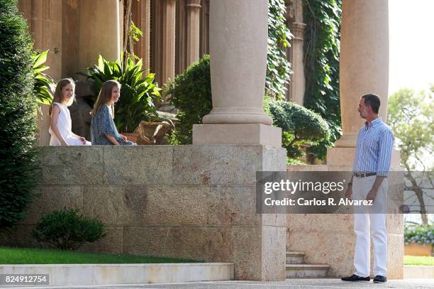King Felipe VI of Spain Princess Leonor of Spain and Princess Sofia of Spain poses for the photographers during the summer photocall at the Marivent...