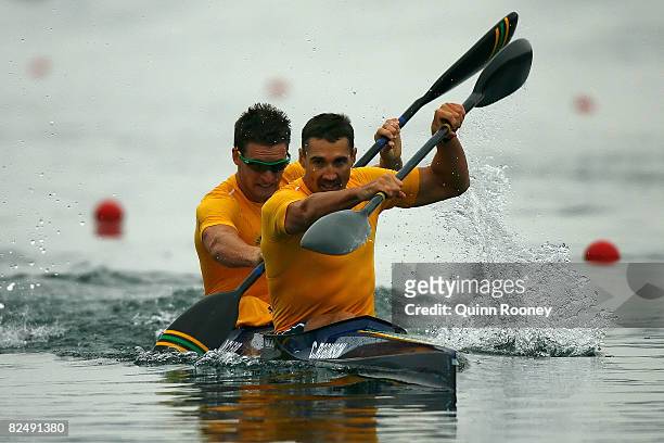 Clint Robinson and Jacob Clear compete in the Kayak Double 500m Men Semifinal held at the Shunyi Olympic Rowing-Canoeing Park during Day 13 of the...