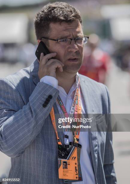 Miklos Seszták Miniszter of Hungarian Development arrives to paddock at Pirelli Hungarian Formula 1 Grand Prix on Jul 30, 2017 in Mogyoród, Hungary.