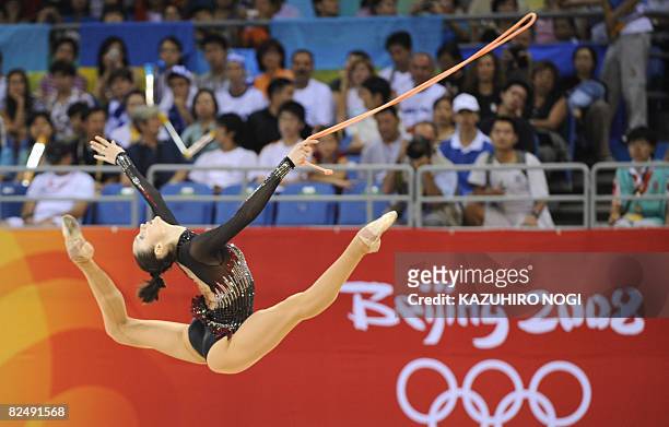 Ukraine's Ganna Bessonova competes in the individual all-around qualification of the rhythmic gymnastics at the Beijing 2008 Olympic Games in Beijing...