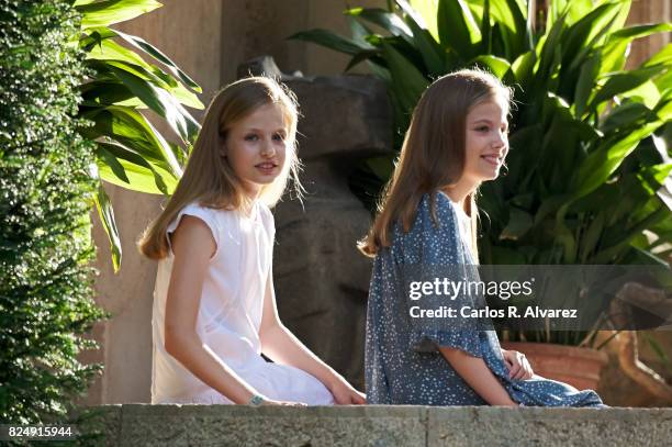 Princess Leonor of Spain and Princess Sofia of Spain pose for the photographers during the summer photocall at the Marivent Palace on July 31, 2017...