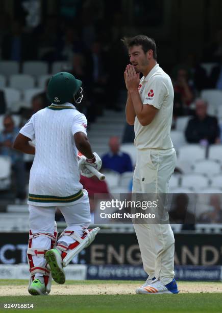 England's Toby Roland-Jones during the International Test Match Series Day fIVE match between England and South Africa at The Kia Oval Ground in...