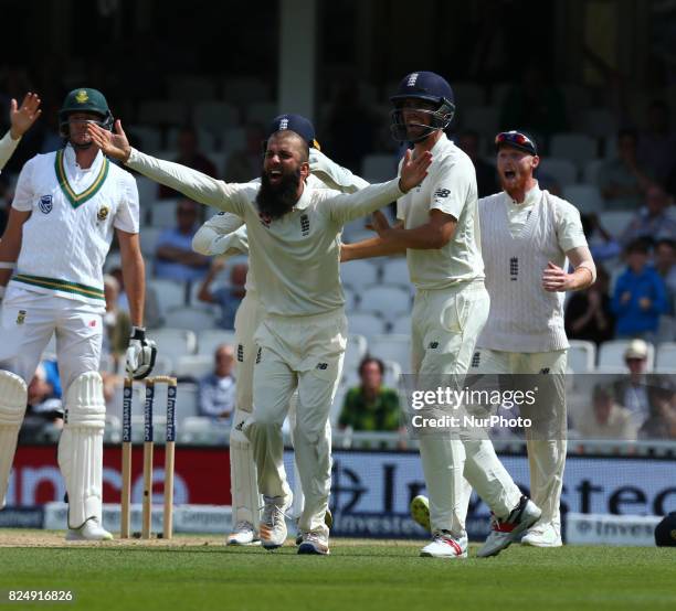 England's Moeen Ali gets LBW and Hat Trick on Morne Morkel of South Africa during the International Test Match Series Day fIVE match between England...