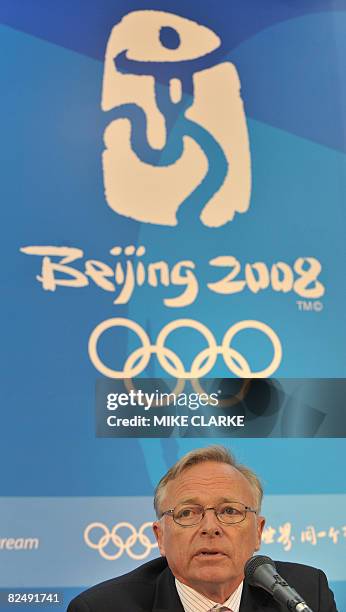 Vice-President of the International Equestrian Federation Sven Holmberg gives a press conference after four horses were been banned from competing in...