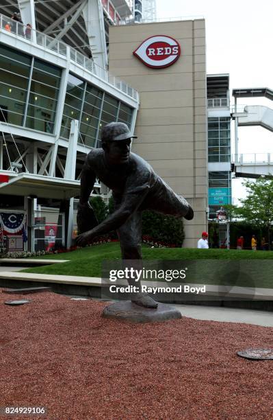 Tom Tsuchiya's Joe Nuxhall statue stands outside Great American Ball Park, home of the Cincinnati Reds baseball team in Cincinnati, Ohio on July 20,...