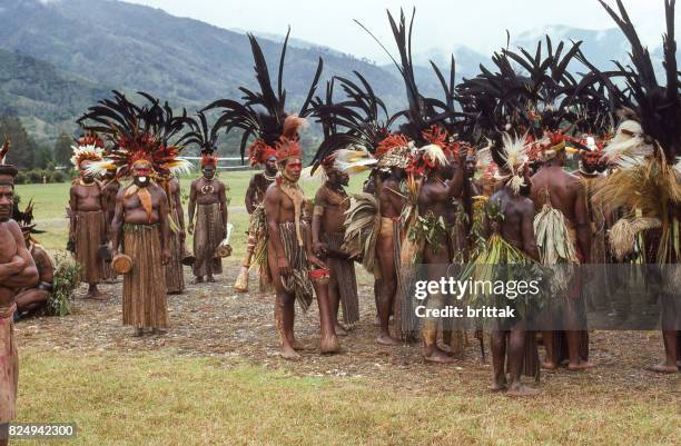 sing-sing en papua nueva guinea 1977. gente tradicionalmente vestida. - ceremonia sing sing fotografías e imágenes de stock