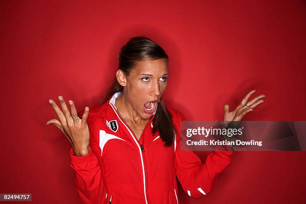 Lolo Jones of the United States poses in the NBC Today Show Studio after losing the Women's 100m Hurdles event from hitting a hurdle at the Beijing...