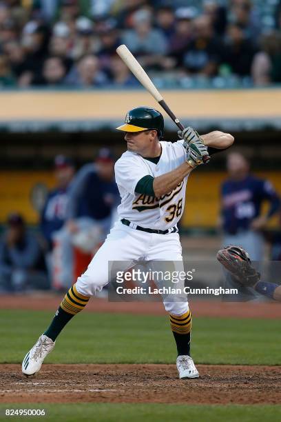 Jaycob Brugman of the Oakland Athletics at bat in the fourth inn gin against the Minnesota Twins at Oakland Alameda Coliseum on July 29, 2017 in...