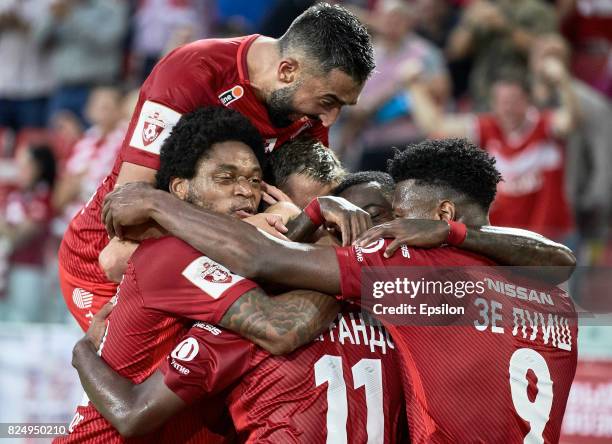 Players FC Spartak Moscow celebrate a goal during the Russian Premier League match between FC Spartak Moscow and FC Krasnodar at Otkrytie Arena...