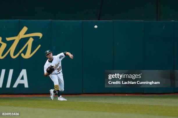 Center fielder Jaycob Brugman of the Oakland Athletics fields the ball in the fifth inning against the Minnesota Twins at Oakland Alameda Coliseum on...