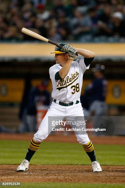 Jaycob Brugman of the Oakland Athletics at bat in the sixth inning against the Minnesota Twins at Oakland Alameda Coliseum on July 29, 2017 in...