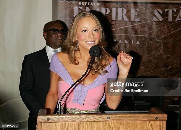 Mariah Carey lights up the Empire State Building to celebrate her new album "E=MC2" on April 25, 2008 in New York City.