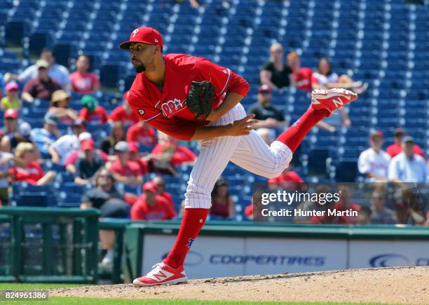 Jesen Therrien of the Philadelphia Phillies throws a pitch in the seventh inning during a game against the Atlanta Braves at Citizens Bank Park on...