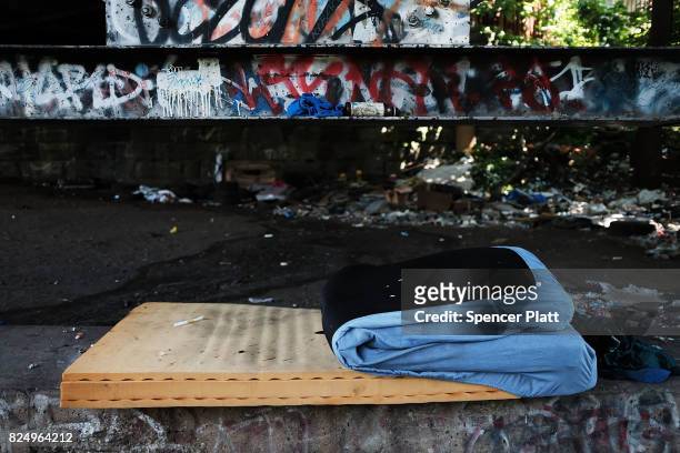 Bedding is left behind in what was a heroin shooting gallery in the Kensington section of Philadelphia which has become a hub for heroin use on July...