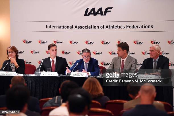 Jackie Brock-Doyle, IAAF Communications Executive Director, Rozle Prezelj, Chair of the Athletes' Commission, Sebastian Coe, IAAF President, Olivier...