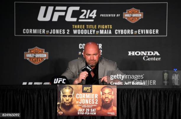 President Dana White speaks with the media during the UFC 214 post fight press conference inside the Honda Center on July 29, 2017 in Anaheim,...